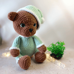 crochet stuffed aninal brown boy. birthday gift. bear in pajamas plush toy. teddy bear . toy bear.sleepy bear.