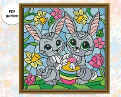 Easter cross stitch pattern "Rabbits with eggs" ES003 - holidays cross stitch pattern, satined glass xstitch chart PDF