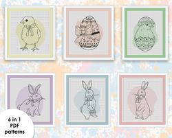 Easter cross stitch patterns ES004-ES009 blackwork embroidery - holidays cross stitch pattern,  chiken rabbit eggs