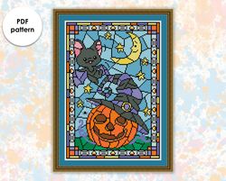 Halloween cross stitch pattern HW003 stained glass- holidays cross stitch pattern, xstitch chart PDF, instant download