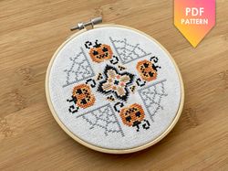 Halloween cross stitch pattern HW007 pumpkin stained glass- holidays cross stitch pattern, xstitch chart PDF