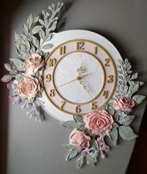 Nursery decor Large white wall clock with 3D roses Silent wall clock for bedroom , girl's room Shabby chic decor