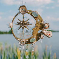 Crescent of the Moonlight Lake Suncatcher - Bohemian wall hanging with shells and crystals, hippie home decor