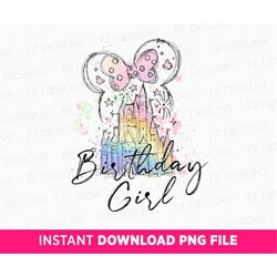 Watercolor Birthday Girl Png, Watercolor Castle Png, Mouse Ear With Bow, Magical Kingdom Png, Birthday Party, Png File F