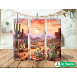 3D Desert Sunset Cactus Flower Tumbler Wrap PNG, Seamless Western Tumbler Sublimation, 20oz Skinny Tumbler PNG, Plant Tu