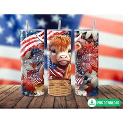 3D Patriotic Baby Highland Cow Tumbler Wrap PNG, 4th of July American Flag Tumbler Sublimation, 20oz Skinny Tumbler PNG,