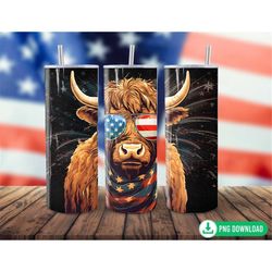 3D Patriotic Highland Cow Tumbler Wrap PNG, American Flag Tumbler Sublimation, Western 4th of July Tumbler Wrap PNG, 20o