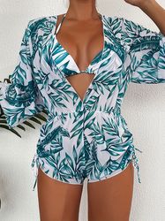 3 Piece Print Bikini Sets With Sheer Cover Up Drawstring Overall Swimsuit Women's Swimwear