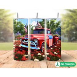 3d american flag red truck tumbler wrap png, truck 4th of july tumbler sublimation, 20oz skinny tumbler png, patriotic t