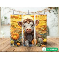 3D Baby Highland Cow Tumbler Wrap PNG, Sunflower Field Sunset Tumbler Sublimation, 20oz Skinny Tumbler PNG, Western Tumb