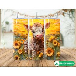 3D Baby Highland Cow Sunflower Tumbler Wrap PNG, Retro Country Cow Tumbler Sublimation, 20oz Skinny Tumbler PNG, Western