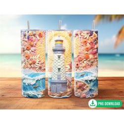3D Colorful Floral Lighthouse Tumbler Wrap PNG, Beach Ocean Sunrise Tumbler Sublimation, 20oz Skinny Tumbler PNG, Nautic