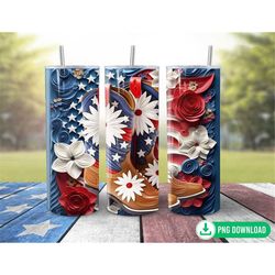 Floral Boots 4th of July Tumbler Wrap PNG, American Flag Cowboy Cowgirl Boots Tumbler Sublimation, 20oz Skinny Tumbler P