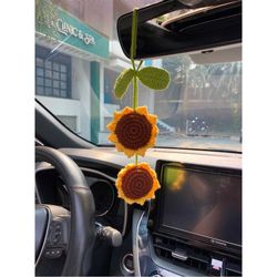 Sunflower Crochet Car Charm, Crochet Sunflower Car Hanging, Sunflower Car Rear View Mirror Charm, Sunflower Car Decor, c