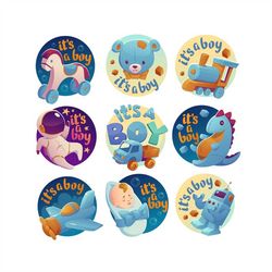 Baby Shower Badges Bundle, Baby Boy : Cartoon Baby Shower, Editable Layered Cricut Design Space Cut File SVG  PNG  JPEG