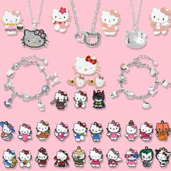 Japanese Anime KT Cat Jewelry Set Cute Pink Bracelets Necklaces Earrings Brooches DIY Pendant Ornament Birthday