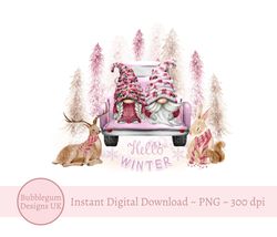 Hello Winter Pink Forest Gnome Truck PNG, Forest Sublimation Design, Pink Christmas Gnomes, Woodland Animals, Instant Di