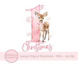 My 1st Christmas Pink Deer PNG, Babys First Christmas, Christmas Holiday Sublimation, Cute Baby Deer, Reindeer, Instant
