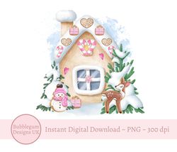 Pink Gingerbread Cookie Cottage PNG, Christmas Clip Art, Christmas Cookies, Pink Christmas, Holiday Sublimation, Instant