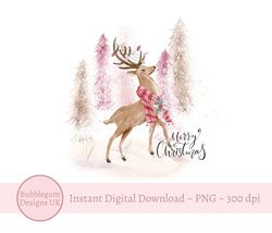 Winter Stag Pink Christmas PNG, Forest Sublimation Design, Pink Gold Christmas Card Design, Santa Sack Design, Instant D