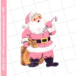 Digital , Pink Santa Claus Christmas Candy Cane Vintage Greeting Card Clip Art Graphic Image Sublimation Instant Downloa