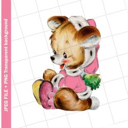Vintage Digital Clipart , Christmas Baby Bear Blue Boy Pink Girl Vintage Greeting Card Graphic Image , PNG JPEG