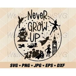 Never Grow Up Svg Png, Neverland Svg, Cartoon Characters Silhouette Svg Files For Cricut, Instant Download