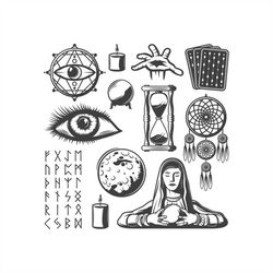 Mystic Elements Set: Third Eye, Fortune Teller, Tarot Cards, Sandglass, Crystal Ball, Runic Alphabet, Editable Layered,