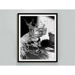 Black and White Champagne Poster, Vintage Bar Print, Digital Download, Cocktail Wall Art, Bar Cart Print, Alcohol Print,