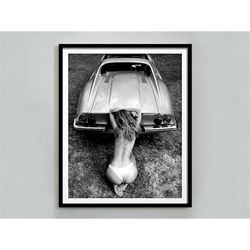 Woman on Classic Car Poster, Black and White, Fashion Photography, Feminist Print, Sexy Wall Art, Teen Girl Bedroom Deco