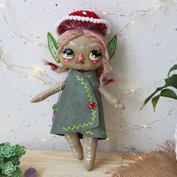textile elf doll , toy with mushroom , singl copy , fantasy doll , handmade art , craft toy , collectible art