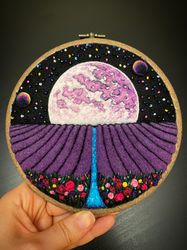 3D Galaxy embroidered landscape Lavender Moon. Needle felted hoop art.