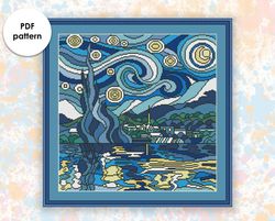 Cross stitch pattern OP002 Van Gogh Starry Night cross stitch pattern, xstitch chart PDF, modern cross stitching