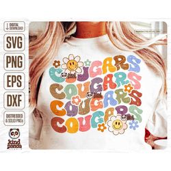 Floral Cougars SVG PNG, Groovy College Game Day Shirt Design, Retro American Football Sublimation, Distressed Girls Foot