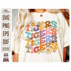 Floral Tigers SVG PNG, Retro Football Mascot Sublimation, Team Game Day Shirt Dtf Dtg Transfer, Groovy College Girl Fan,