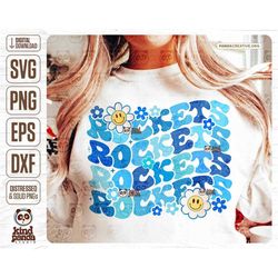 Retro Blue Rockets PNG SVG, Floral Mascot Sublimation, Groovy Game Day Shirt DTF Transfer, American Football Rockets Tea