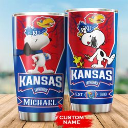 Personalized Kansas Jayhawks Snoopy All Over Print 3D Tumbler – Red Blue