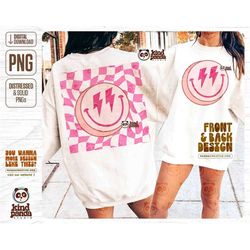 Pink Smile Face Front Back PNG, Preppy Checkered Sweatshirt, VSCO Summer T-Shirt Sublimation, Y2K Lightning Bolt Happy W