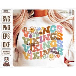 Floral Vikings SVG PNG, Retro Mascot Sublimation, Distressed Game Day Shirt Dtf, Groovy High School Football Team, Grung