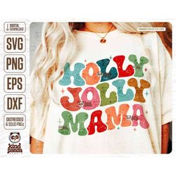 Holly Jolly Mama, Retro Christmas PNG SVG, Groovy Christmas Sublimation T-Shirt DTF Design, Trendy Holiday Mom Sweatshir