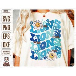 Blue Lions SVG PNG, Groovy Mascot Sublimation, Distressed Game Day Shirt & Hoodie DTF Transfer, High School Football Fan