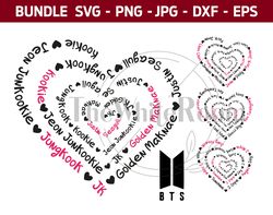 BTS Bundle - SVG heart with nicknames , Instant download Bangtan png, jpg, dxf, eps file , Cricut, Silhouette, Cameo cut