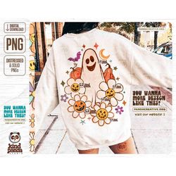 Floral Hippie Ghost PNG, Happy Pumpkins & Flowers, Retro Halloween Shirt Transfer, Funny Halloween Sublimation DTG, Spoo