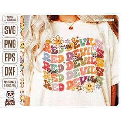 Floral Red Devils SVG PNG, Retro Mascot Sublimation, Groovy Game Day Shirt Design, Distressed College Sports Mama DTF Tr