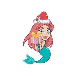 Baby Mermaid Ariel Hold Christmas Gift Svg, Christmas Svg, Santa Hat Svg, Mermaid Svg, Ariel Christmas Svg, Christmas Li