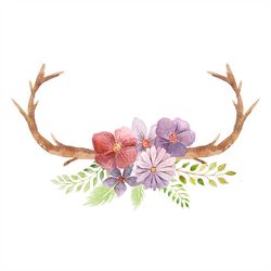 Set Hand Painted Watercolor Flowers Leaves Stock Illustration Svg, Flower Svg, Horns Deer Svg, Flowers Svg, Birthday Gif