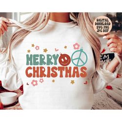Retro Christmas Svg Png Jpg Dxf, Merry Christmas Svg, Vintage Christmas Svg, Holiday Shirt Design, Peace, Silhouette, Cr