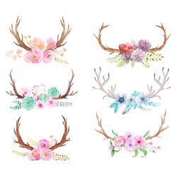 Set Hand Painted Watercolor Flowers Leaves Stock Illustration Bundle Svg, Flower Svg, Horns Deer Svg, Boho Rustic Svg, B