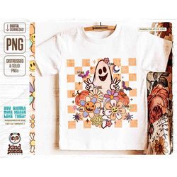 Checkered Floral Ghost PNG, Retro Kids Halloween Sublimation, Groovy Halloween Shirt DTF Transfer, cute ghost DTG Screen
