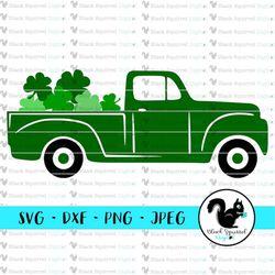 St Patrick's Day Vintage Green Truck, Shamrock, Four leaf clover, Pattys Irish SVG Clipart, Print and Cut File, Digital